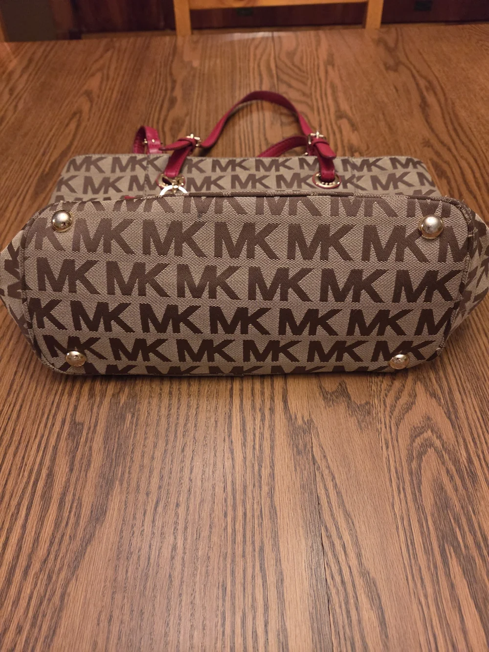 Michael Kors Brown MK Signature Tote with Red Handles